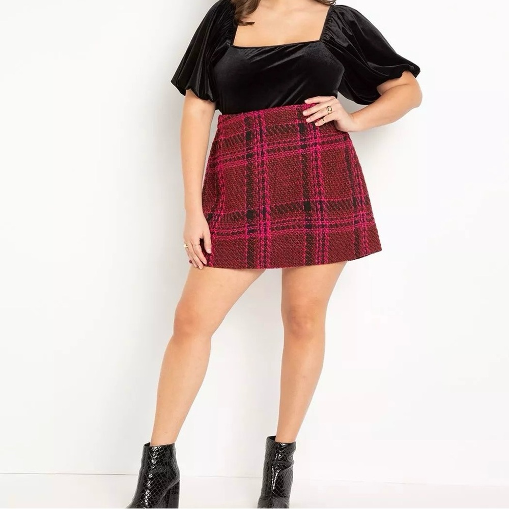 ELOQUII Bold Tweed Mini Skirt Pink Red Black Plaid - Size 14